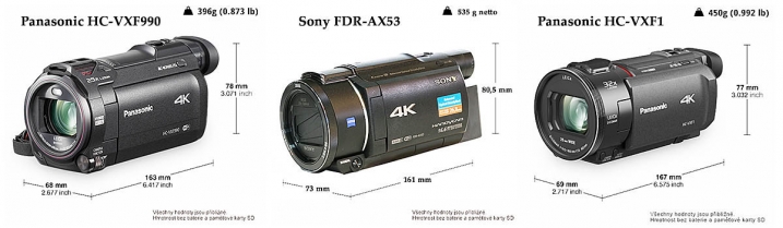 Videokamery s hledáčkem: 2x Panasonic VXF a Sony AX53 Videokamery s hledáčkem: 2x Panasonic VXF a Sony AX53