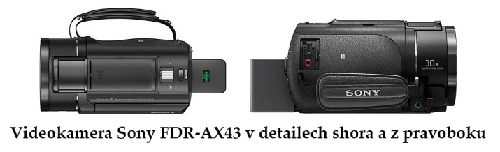 Videokamera Sony FDR-AX43 ve dvou detailech těla Videokamera Sony FDR-AX43 ve dvou detailech těla