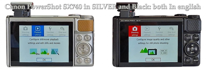 Canon PS-SX740 a dvě barvy zezadu: anglické MENU Canon PS-SX740 a dvě barvy zezadu: anglické MENU