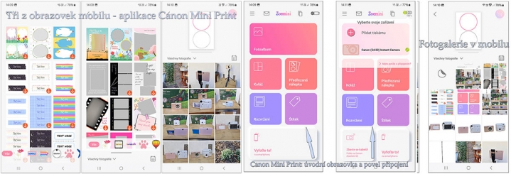 Ukázka různých obrazovek aplikace Canon Mini Print... Ukázka různých obrazovek aplikace Canon Mini Print...