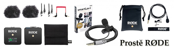 Názorná sestava bezdrátového mikrofonu RODE a doplňků Názorná sestava bezdrátového mikrofonu RODE a doplňků