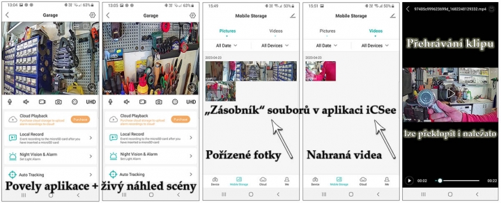 Názorný výběr z jednotlivých karet nabídky aplikace iCSee Názorný výběr z jednotlivých karet nabídky aplikace iCSee